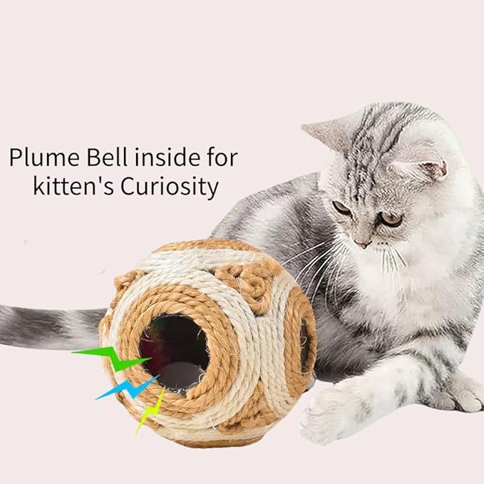 1x Hemp Ball Cat Toy,Six-Hole Hollow-Out Designed,Sisal Hemp Woven Cat Toy, Plume Bell Inside,Special Kitten Chew Toys for Indoor Cats,Interactive pet (Yellow, 12cm Ball)