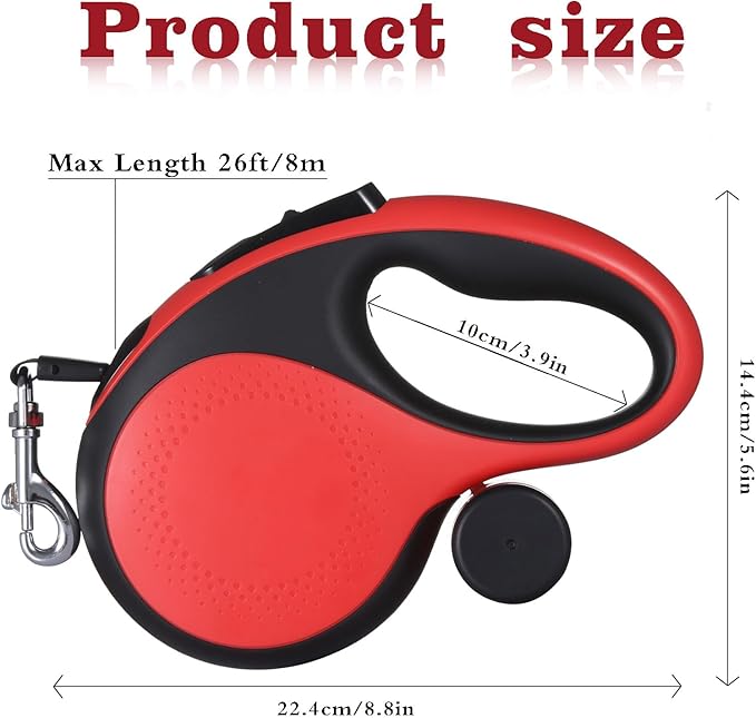 26 ft Retractable Dog Leash Red - Heavy Duty Retractable Pet Leash Chew Proof Cable with Anti-Slip Grip for Medium to Large Dogs up to 110 lbs 360° Tangle-Free, (Red)