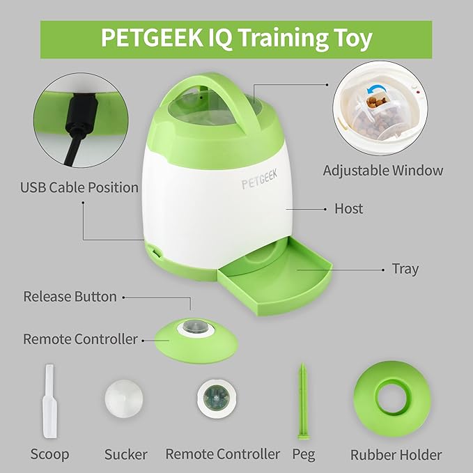 PETGEEK Dog Food Dispenser Toy, Interactive Pet Toys Treat Dispensing for IQ Training, Automatic Dog Treat Dispenser with Button Remote Push, Dual Power Supply for Indoor Outdoor Use, Green Color