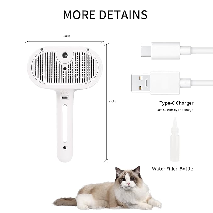 Steam Brush for Long Haired Pets - Self Cleaning Grooming Tool for Cats and Dogs to Reduce Shedding, Static and Flying Fur, White