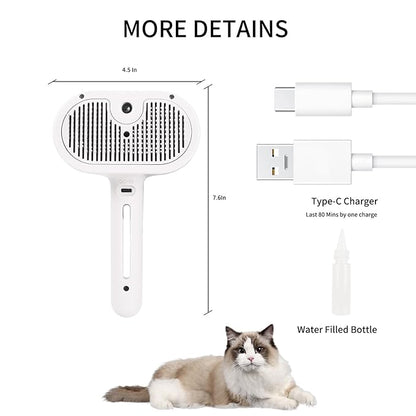 Steam Brush for Long Haired Pets - Self Cleaning Grooming Tool for Cats and Dogs to Reduce Shedding, Static and Flying Fur, White