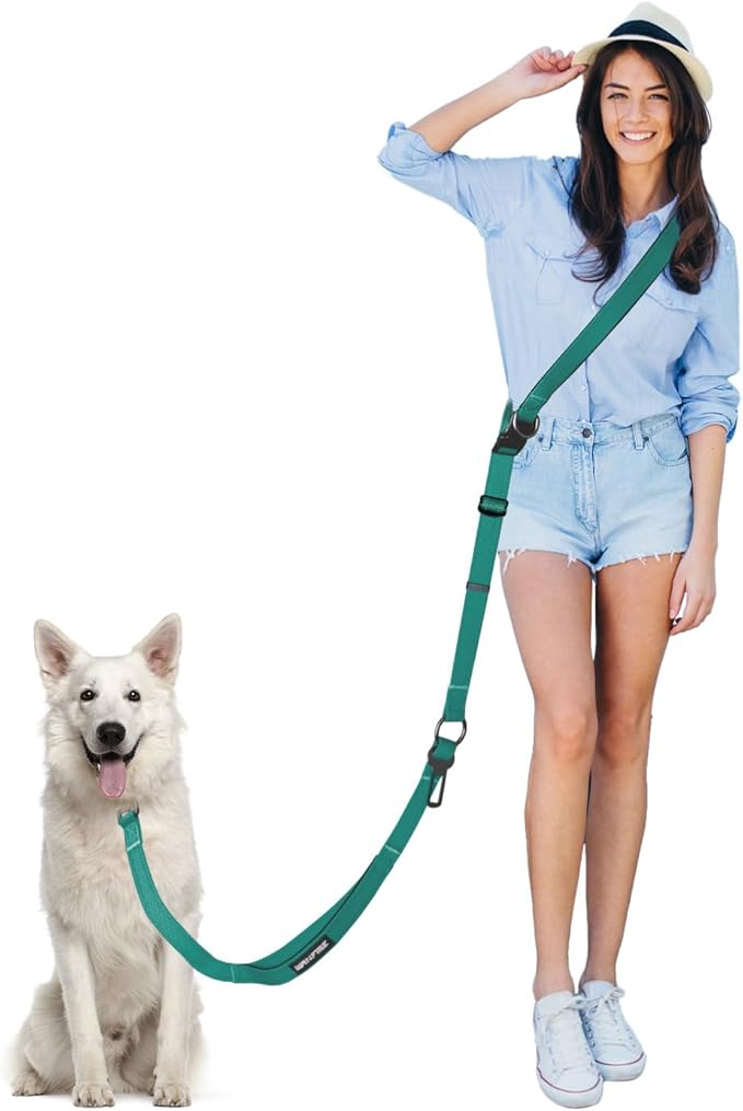Hands Free Dog Leash, Multifunctional Crossbody Dog Leash, 5.9-9.5Ft Long Waist Belt with Car Seatbelt and Double-Sided Reflective Stitches for Medium and Large Dogs Walking, Jogging(Green)