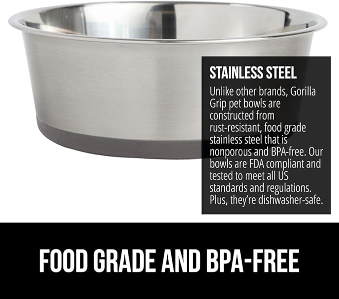 GORILLA GRIP Dog Bowl, Holds 4 Cups (32 fl oz), Food Grade 304 Stainless Steel Food and Water Bowl for Feeding Dogs and Cats, BPA Free Rubber Base, Easy Clean, Dishwasher Safe, Rust Resistant, Black