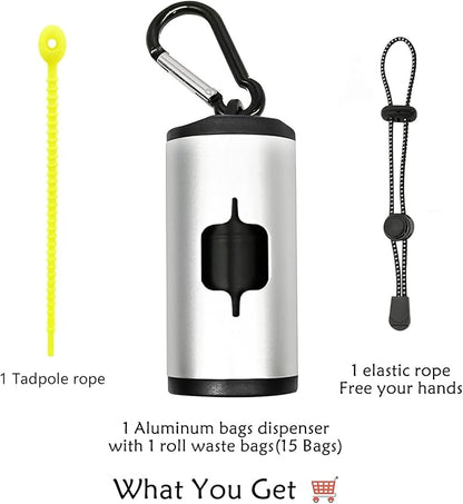 Aluminum Dog Poop Bags Holder with Carabiner Metal Pet Waste Bags Dispenser with Hook and Loop Fastener and Elastic Cord to Carry Used Bags (Silver)