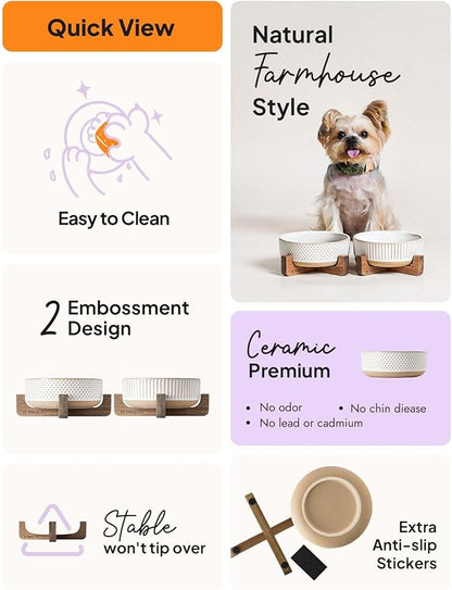 LE TAUCI PET Dog and Cat Bowl Set with Acacia Wood Stand - 2 Cup Ceramic Puppy Bowls for Cats &Small Dogs, Dual Food and Water Bowls with Weighted Non-Slip Base, Lines+Dot