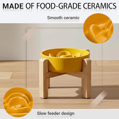 Petygooing Elevated Slow Feeder Ceramic Dog Bowls 8.26in, Slow Feeder Elevated Bowl for Small&Medium, Ceramic Slow Feeder Heavy Weighted Non-Toxic Non-Slip Puzzle Maze (Yellow, 8.26in)