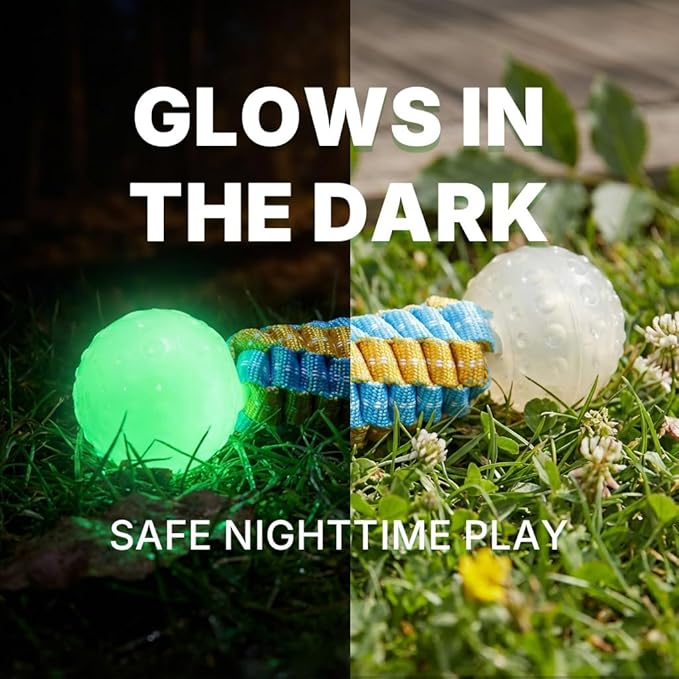 Knot Dog Bone Chew Toy with Squeaky Ball - Glow in The Dark Interactive Dog Chew Toy, Rope Toy for Small, Medium and Large Dogs, Teeth Cleaning and Boredom Relief