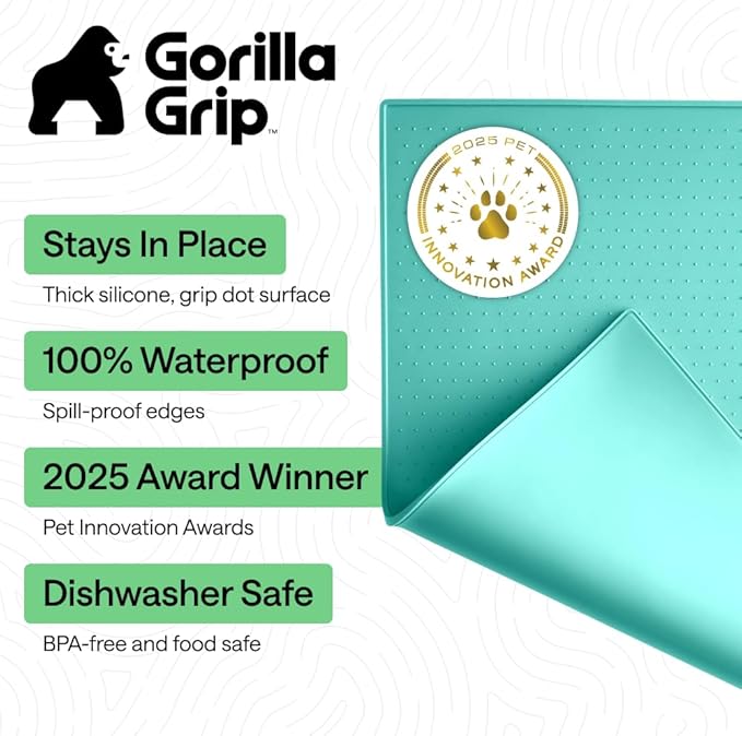 GORILLA GRIP 100% Waterproof Raised Edge BPA Free Silicone Pet Feeding Mat, Dog Cat Food Mats Contain Spills Protects Floors, Placemats for Cats and Dogs Water Bowl, Pets Accessories 23x15 Turquoise