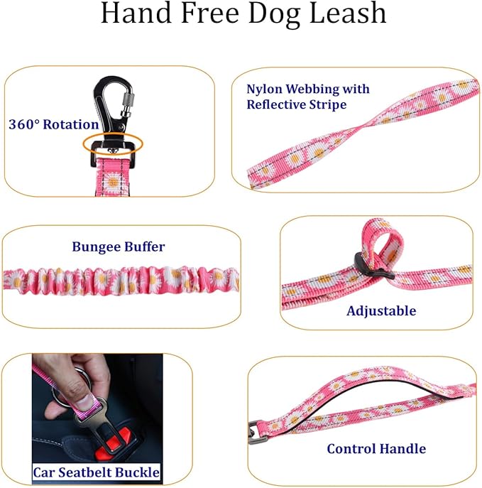 Hands Free Dog Leash, No Pull Bungee Dog Running Waist Leash, with Car Seat Belt, Reflective Stripes, Heavy Duty for Medium and Large Dogs. (Daisy Pink, Large)