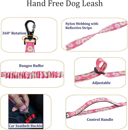 Hands Free Dog Leash, No Pull Bungee Dog Running Waist Leash, with Car Seat Belt, Reflective Stripes, Heavy Duty for Medium and Large Dogs. (Daisy Pink, Large)