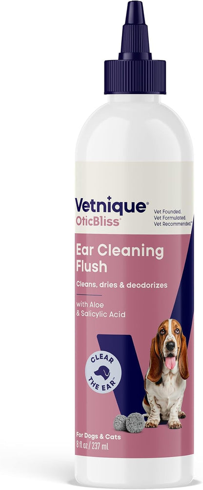 Vetnique Oticbliss Dog Ear Cleaner Flush with Odor Control, Dog Ear Cleaning Solution for Dirt and Wax with Soothing Aloe Dogs & Cats Flush - Vet Recommended for Itchy Ears (8oz, Flush)