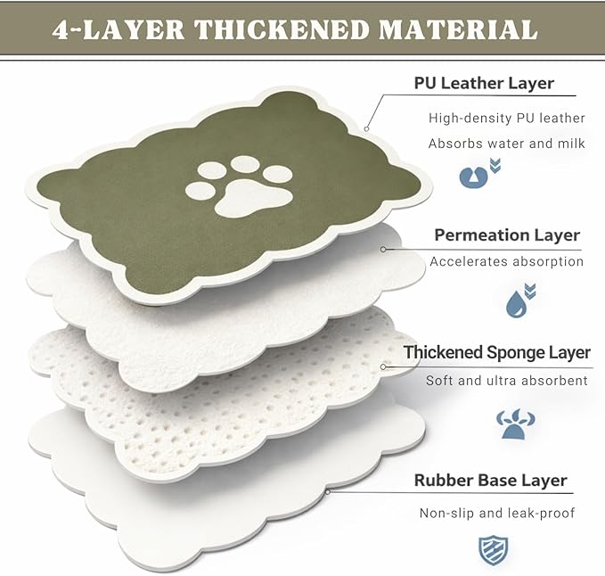 Absorbent Pet Food Mat, Scalloped Edge Dog Cat Bowl Mat with Rubber Backing, Quick-Dry Leather Feeding Mat for Messy Drinkers, 16" x 24", Sage Green
