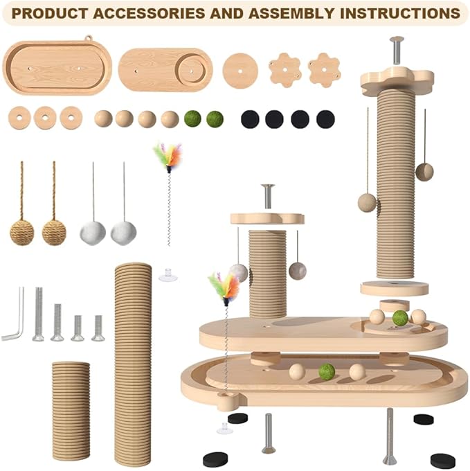 Cat Scratching Post, Sisal Cat Scratcher Post - 4-in-1 Cat Solid Wood Activity Center | Indoor Interactive Cat Toy with Trackball (Rolling), Feather Teaser, Hanging Balls & Natural Catnip Ball
