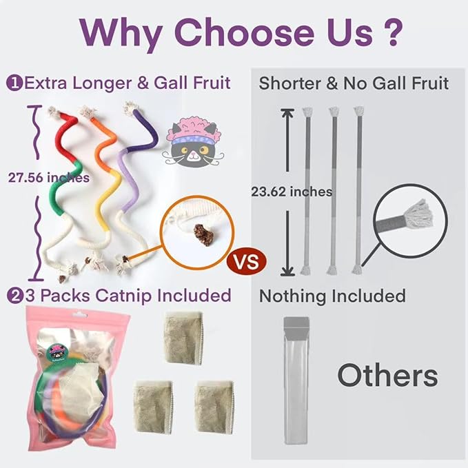 Cat Toys for Indoor Cats, Kitten Toys for Indoor Kittens, Catnip Rope Chew Toys for Teeth Cleaning, Interactive Cat String Toy, Kitty Kicker Toy, 3 Pack (Plus 3 Pouches of Catnip)