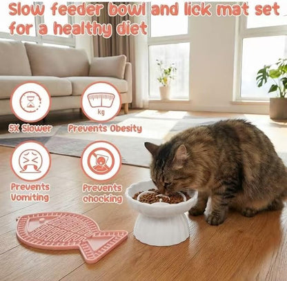 Ceramic Slow Feeder Cat Bowl 5.5inch with Lick Mat,Elevated Food Bowl for Cats and Small Dogs,Cute Flower Shape for Dry and Wet Food-White Bowl+Pink Lick Mat