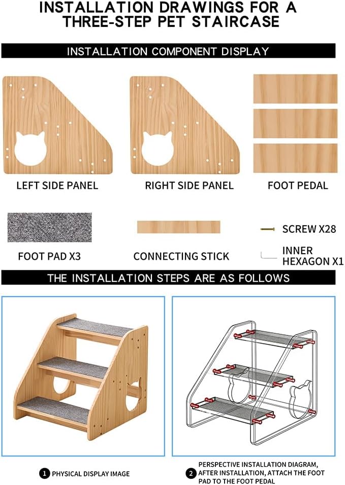 Dog Stairs for Small Medium Large Dogs 14.17" H Load Capacity 150lbs Solid Wood Non-Slip Sturdy Pet Steps for Bed & Couch 3 Step 15.75 * 16.93 * 14.17"