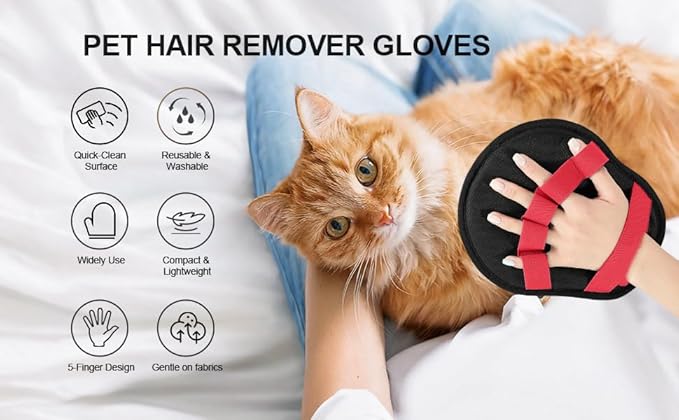 Pet Hair Removal Glove for Dogs & Cats, Enhanced Reusable 5-Finger Electrostatic Glove, Strong-Adhesion Remover for Clothing, Couch, Carpet, Car Seat & Rug (RED-Breathable Cleaning Gloves)