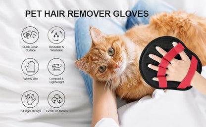 Pet Hair Removal Glove for Dogs & Cats, Enhanced Reusable 5-Finger Electrostatic Glove, Strong-Adhesion Remover for Clothing, Couch, Carpet, Car Seat & Rug (RED-Breathable Cleaning Gloves)