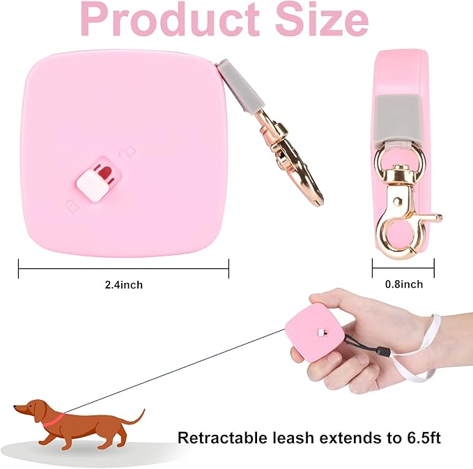 Retractable Dog Leash for Small Dogs Cats up to 11lbs with 6.5ft Anti-Pull Strong Nylon Tape, Hands Free, Mini and Portable Walking Leash with Wrist Strap, One-Hand Brake, Pink Square