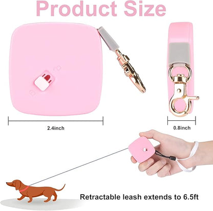 Retractable Dog Leash for Small Dogs Cats up to 11lbs with 6.5ft Anti-Pull Strong Nylon Tape, Hands Free, Mini and Portable Walking Leash with Wrist Strap, One-Hand Brake, Pink Square