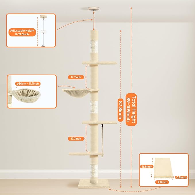 Cat Tree 5-Tier Floor to Ceiling Cat Tower with Cozy Hammock, 89-109 Inch Adjustable Height Sisal Scratching Post, Provides Vertical Enrichment for Jumping & Climbing, Beige