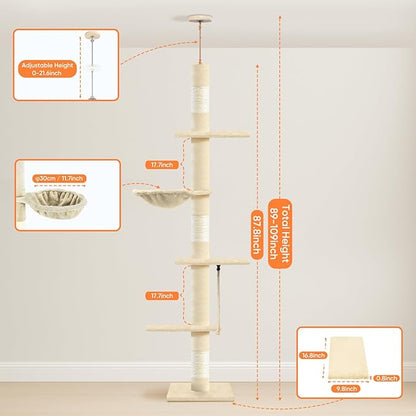 Cat Tree 5-Tier Floor to Ceiling Cat Tower with Cozy Hammock, 89-109 Inch Adjustable Height Sisal Scratching Post, Provides Vertical Enrichment for Jumping & Climbing, Beige