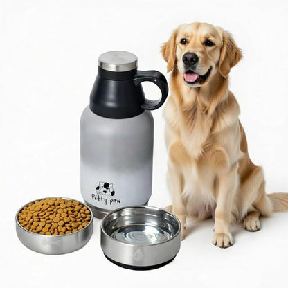 Petty Paw Dog Travel Water Bottle 32 oz Portable Stainless Steel Pet Water Bottle with Detachable Bowl for Dogs Leak Proof for Walking, Hiking, Camping
