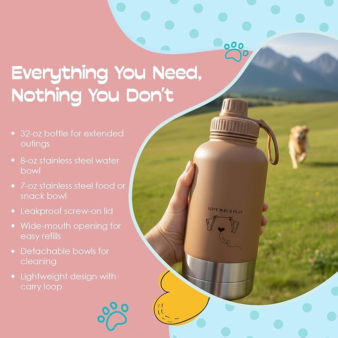 Love Wag & Play Dog Water Bottle with Food Bowls, Portable Stainless Steel Bottle for Dogs, Leakproof Travel Design with Detachable Bowls for Walks, Hikes and Outdoor Adventures (32 oz)
