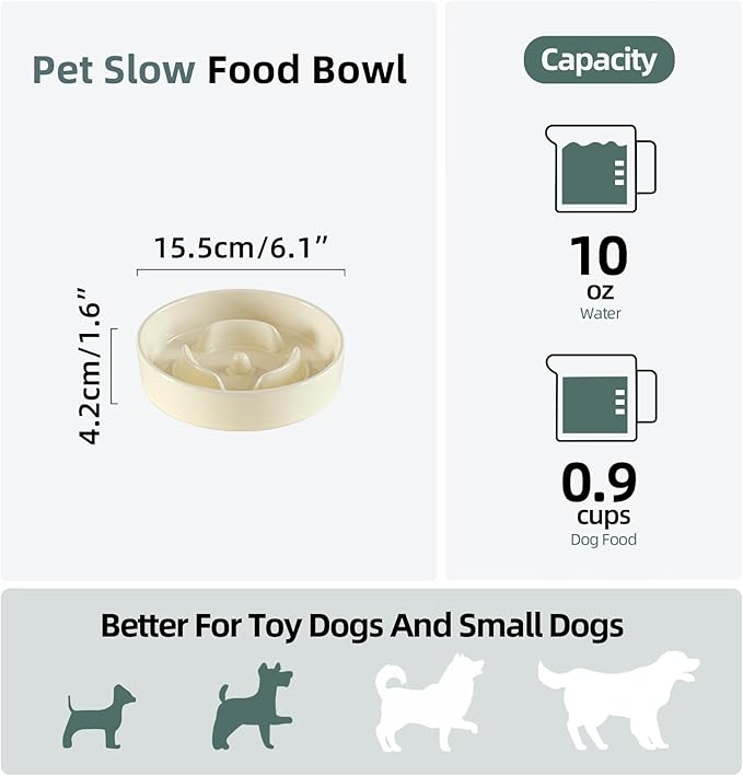 Ceramic 0.9 Cup Dog Bowl Slow Feeder for Small Dog, 6.1inch Pet Slow Feeder, Stop Bloat, Preventing Choking(Single Bowl-Light Yellow)