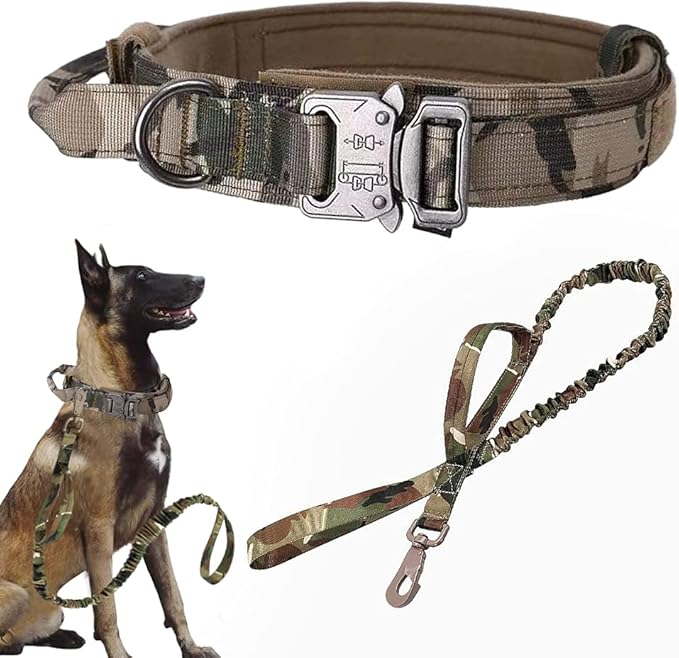 Xqpetlihai Tactical Dog Collar and Leash Set Adjustable Military Nylon Dog Collar with Control Handle and Heavy Duty Metal Buckle for Large Dogs （Camo M