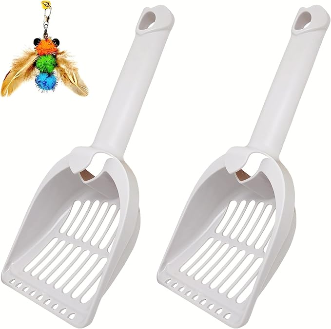 2 Pack Large Cat Litter Scoop Set with Bee-Shaped Wand Toy Refill, Heavy Duty Cat Scooper for Litter Box with 7mm Wide Large Holes, Long Handle & Hanging Hook, Kitty Litter Box Cleaning Tool