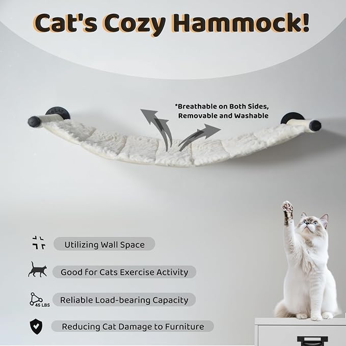 Cat Hammock Wall Mounted, 35.43 x 13.58 inch Wall Mounted Cat Shelves, Metal Brackets Cats Beds for Sleeping, Playing, Climbing and Resting Stabilized Wall Furniture Soft and Warm Fabric