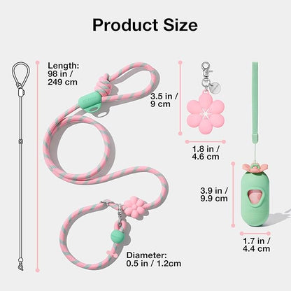 VETRESKA Hands-Free Dog Leash, 8FT Adjustable Rope Leash for Medium Large Dogs, Waist/Crossbody Slip Lead Leashes for Walking, No Pull Dog Leashes with Bag Dispenser, Clip, 3 in 1 Walk Kit (Flora)
