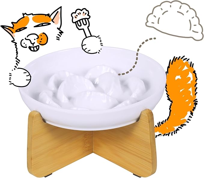 Slow Feeder Cat Bowl with Stand, Melamine Slow Eating Cat Bowl with Higher Edges Dumpling Design Elevated Cats Food Bowls for Dry and Wet Food Anti-Vomiting Puzzle Feeder for Healthy Eating Diet