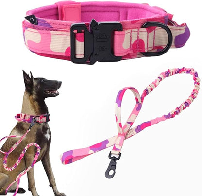 Xqpetlihai Tactical Dog Collar and Leash Set Adjustable Military Nylon Dog Collar with Control Handle and Heavy Duty Metal Buckle for Large Dogs （Pink Camo XL