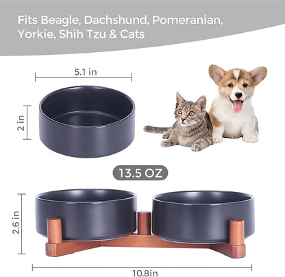 Ceramic Dog Bowl and Cat Bowls Set with 15° Adjustable Wood Stand, Non-Slip Weighted Pet Food and Water Bowls, Dual Raised Feeder for Small Dogs, Matte Glaze Pet Dish 13.5oz Set of 2 (Matte Black)