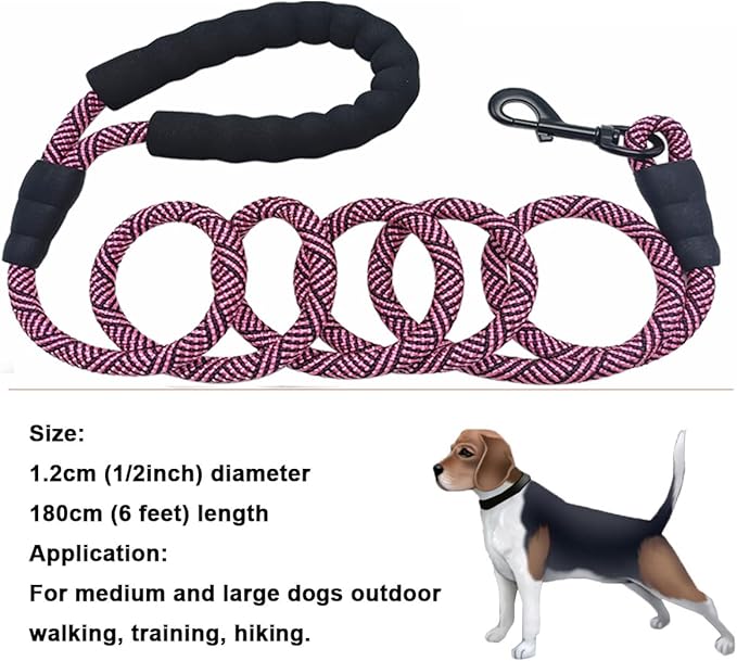 MayPaw Heavy Duty Rope Dog Leash, 6/8/10FT Nylon Pet Leash, Soft Padded Handle Thick Lead Leashes for Large Medium Dogs Walking Jogging (1/2" * 6', Pink Black)