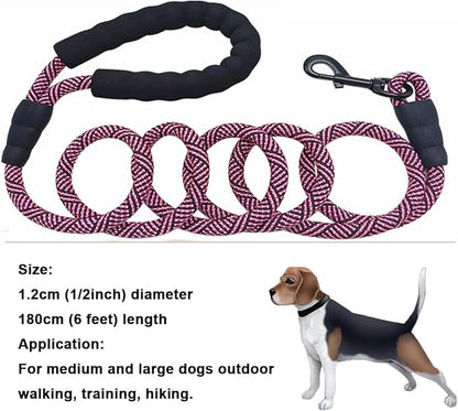 MayPaw Heavy Duty Rope Dog Leash, 6/8/10FT Nylon Pet Leash, Soft Padded Handle Thick Lead Leashes for Large Medium Dogs Walking Jogging (1/2" * 6', Pink Black)