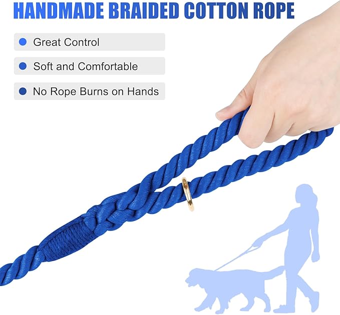 Dog Leash 5 FT Handmade Braided Cotton Rope Leashes for Small Medium and Large Dogs, New Golden Heavy Duty Metal Clasp, Navy Blue
