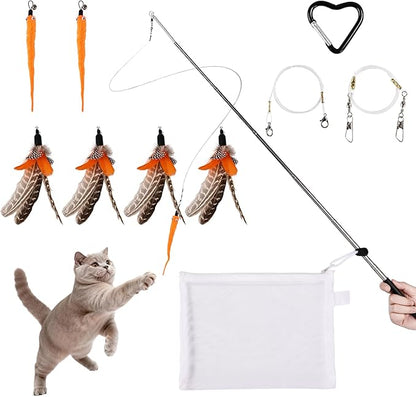 whitefeather Cat Wand Toy – Ultra-Light 33g Retractable Teaser (9–31.5") with 6 Natural Feather Heads, 2 Replacement Strings & Clip-On Pouch – Safe, Washable & Perfect for On-The-Go Play