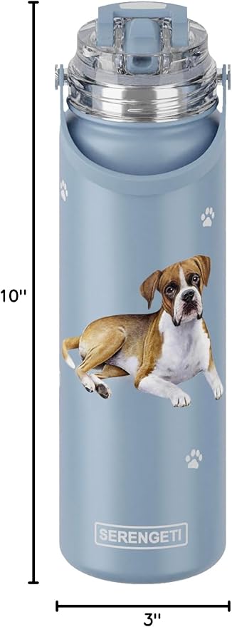 SERENGETI 24 Oz Water Bottle Stainless Steel with Spill Proof Lid - Double walled Vacuum Insulated water flask - Realistic 3D Print of your favorite dog (Boxer)