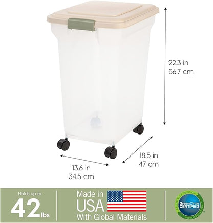 IRIS USA Airtight Dog Food Storage Container, WeatherPro, Up to 40 lbs, Removable Wheels, for Dog Cat Bird and Other Pet Food Storage Bin, Keep Fresh, Translucent Body, Made in USA, Clear/Almond