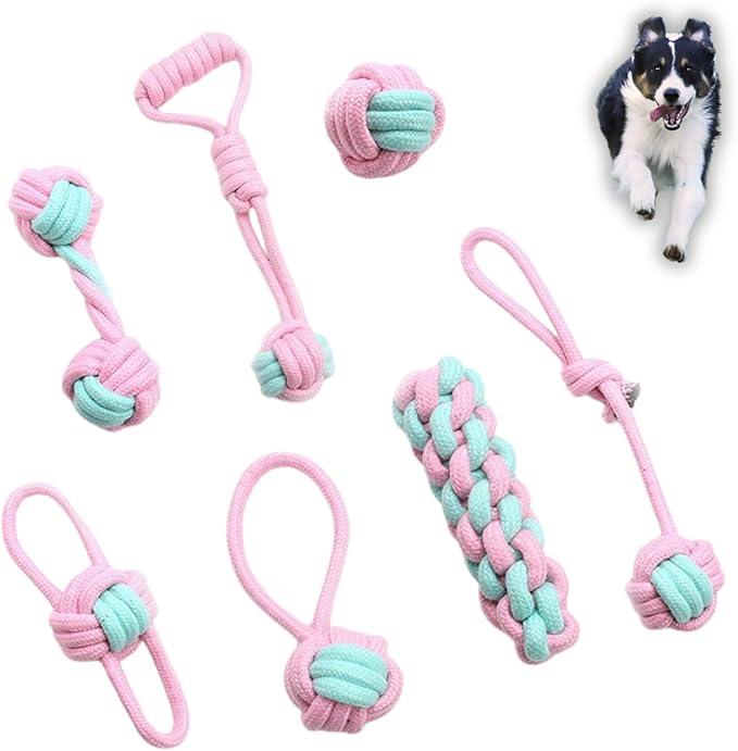 7PCS Woven Pet Rope Toys Set, Pink & Blue, Durable Cotton Pet Chew Toys for Dogs, Cats & Pets, Interactive Play & Teething Relief, Chew Toys for Pets