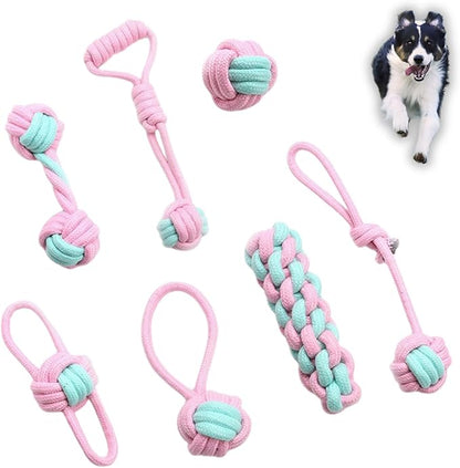 7PCS Woven Pet Rope Toys Set, Pink & Blue, Durable Cotton Pet Chew Toys for Dogs, Cats & Pets, Interactive Play & Teething Relief, Chew Toys for Pets
