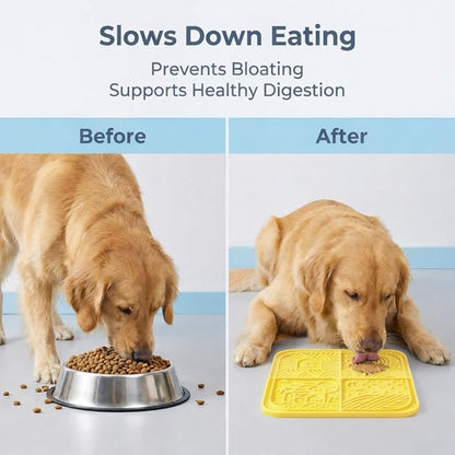 Dog Lick Mat with Suction Cups, 4-Texture Enrichment Slow Feeder for Dogs & Cats, Non-Slip Silicone Licking Pad for Anxiety Relief, Bathing & Training (Yellow)