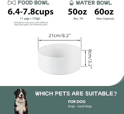 Non-Slip 8.2inch Ceramic Dog Food and Water Bowl for Large Breed Dogs, Pet Bowl for Replacement (Single Bowl, White)
