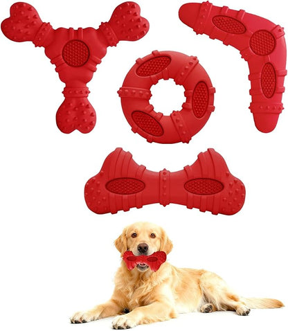 Natural Rubber Dog Chew Toys 4Pack,Tough Dog Toys for Aggressive Chewers Small Medium Breed,Interactive Dog Toys for Puppy to Clean Teeth Gum Massage,Tug & Fetch(Red)