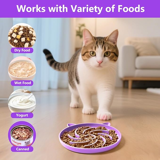 2Pcs Slow Feeder Cat Bowl,Puzzle Feeder,Interactive Toys,Slow Feeding cat Bowl Suitable for All Dry and Wet Foods,Easy to Clean Silicone Bowls (Orange and Purple)