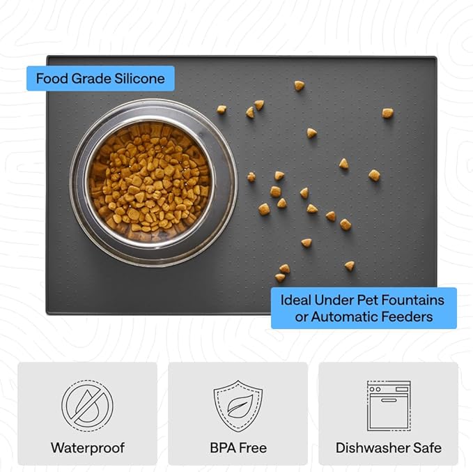 GORILLA GRIP 100% Waterproof Raised Edge BPA Free Silicone Pet Feeding Mat, Dog Cat Food Mats Contain Spills Protects Floors, Placemats for Cats and Dogs Water Bowl, Pets Accessories 23x15 Charcoal