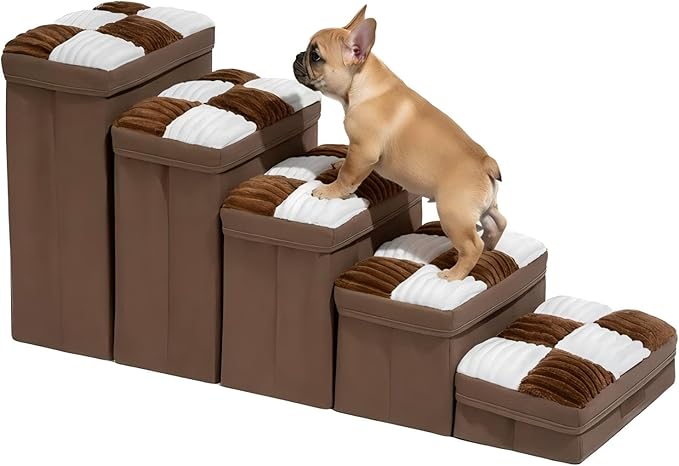 FUNNYFUZZY Dog Stairs for Small Dogs - 5 Steps Chessboard Plaid Handcrafted Dog Stairs with Storage - Multifunctional and Foldable, Brown